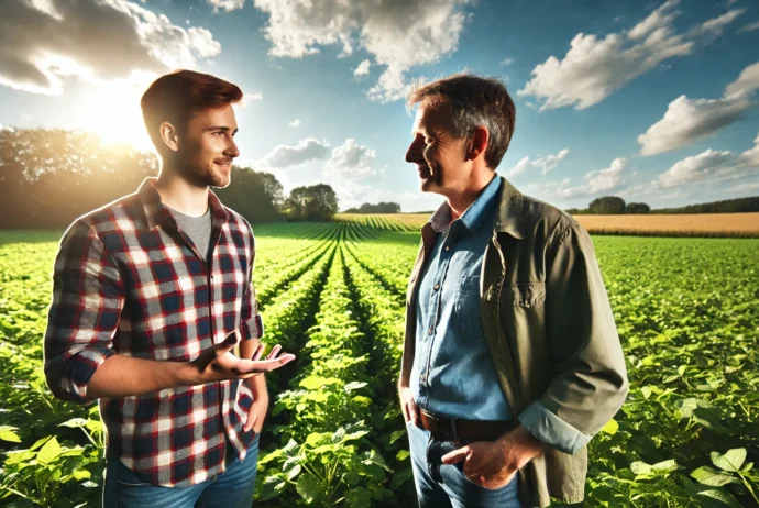 Un agronomo che parla con un agricoltore in campo